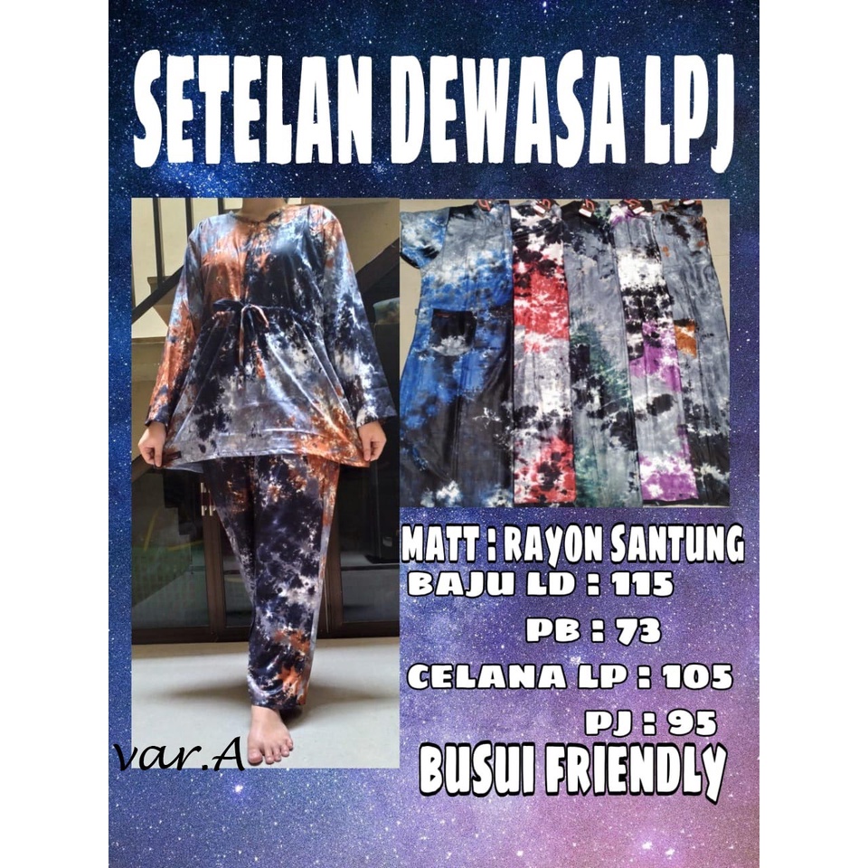 SETELAN CELANA LENGAN PANJANG ANDIN TIE DYE RAYON BUSUI SERUT TALI RESLETING DEPAN HARGA GROSIR