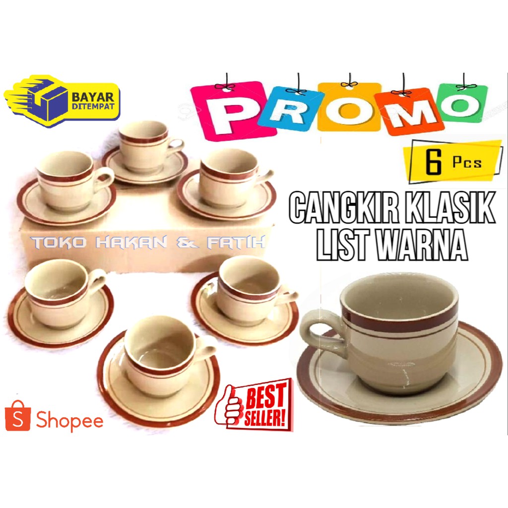 GELAS KOPI CANTIK 1 Set ( 6 Gelas + 6 Tatakan ) Cangkir Klasik List Warna