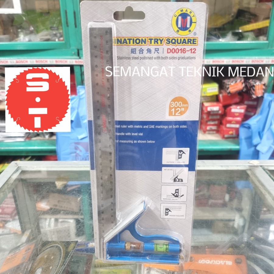 

PENGGARIS SIKU TUKANG COMBINATION SQUARE BESI WATERPASS 30cm 12" CMART