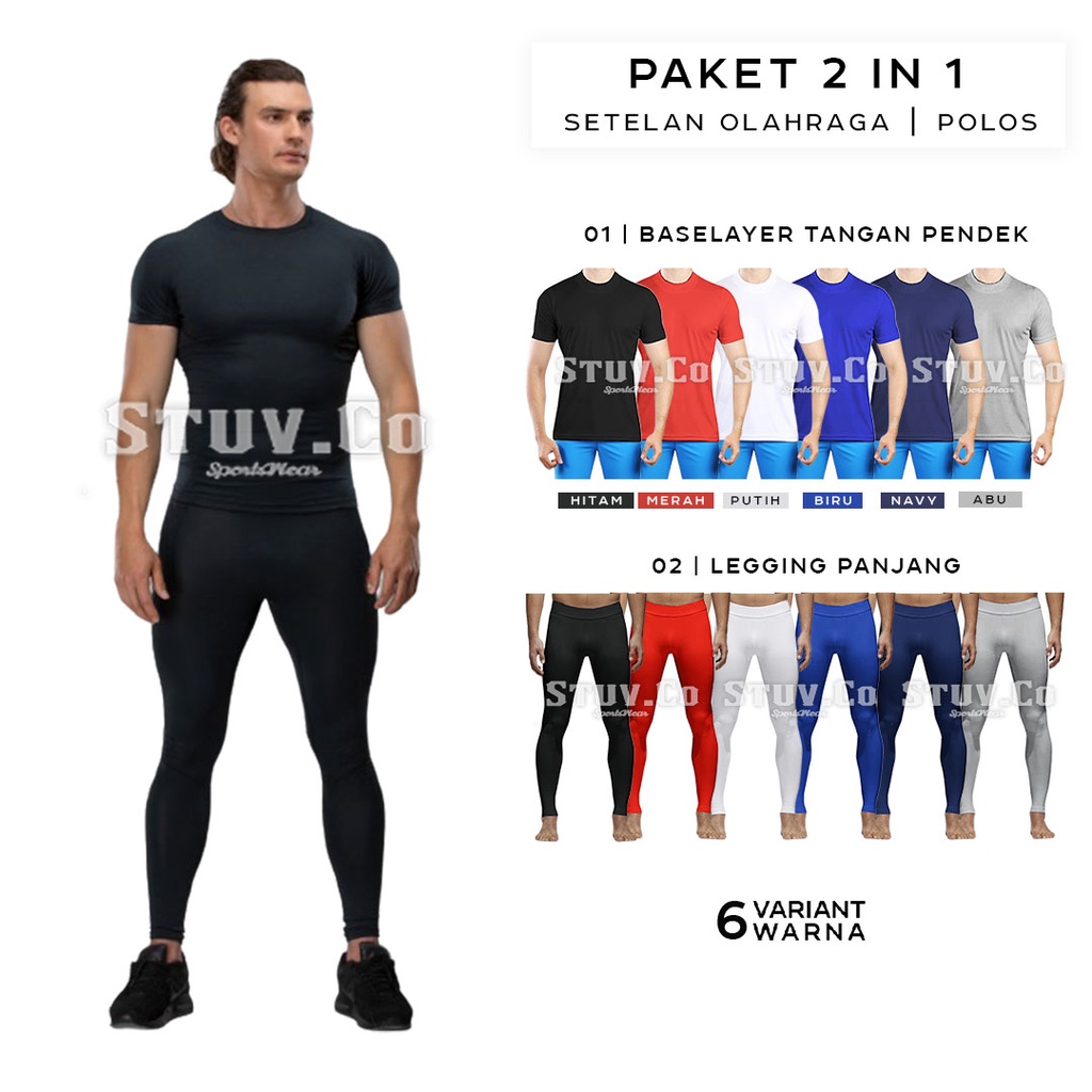 STELAN 2IN1 MANSET BASELAYER SHORTSLEEVE LENGAN PENDEK DAN CELANA LEGGING PANJANG DALEMAN OLAHRAGA UNISEX MURAH