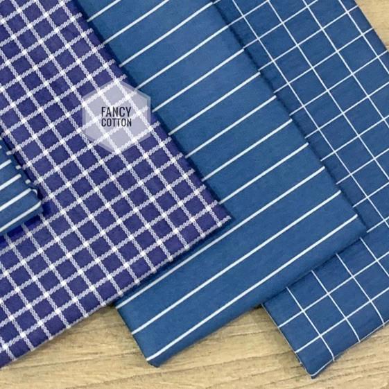 ◊ kain katun jepang motif kotak salur biru denim ☀