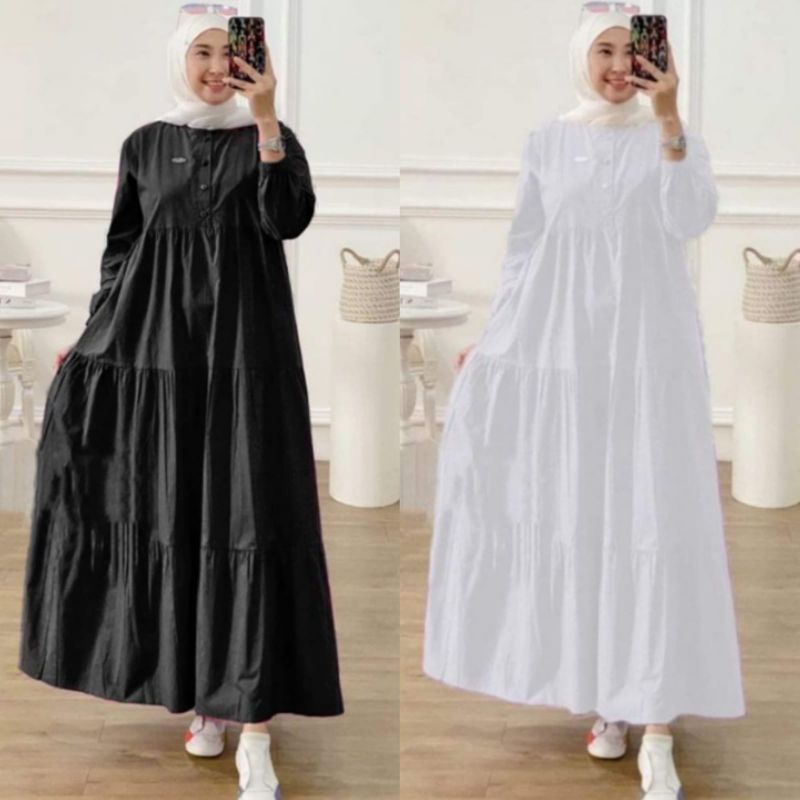 MIDI DRESS HITAM PUTIH PEREMPUAN GAMIS KOREAN STYLE TERMURAAH MIDI TERKINII FASHION MUSLIM BUSUI