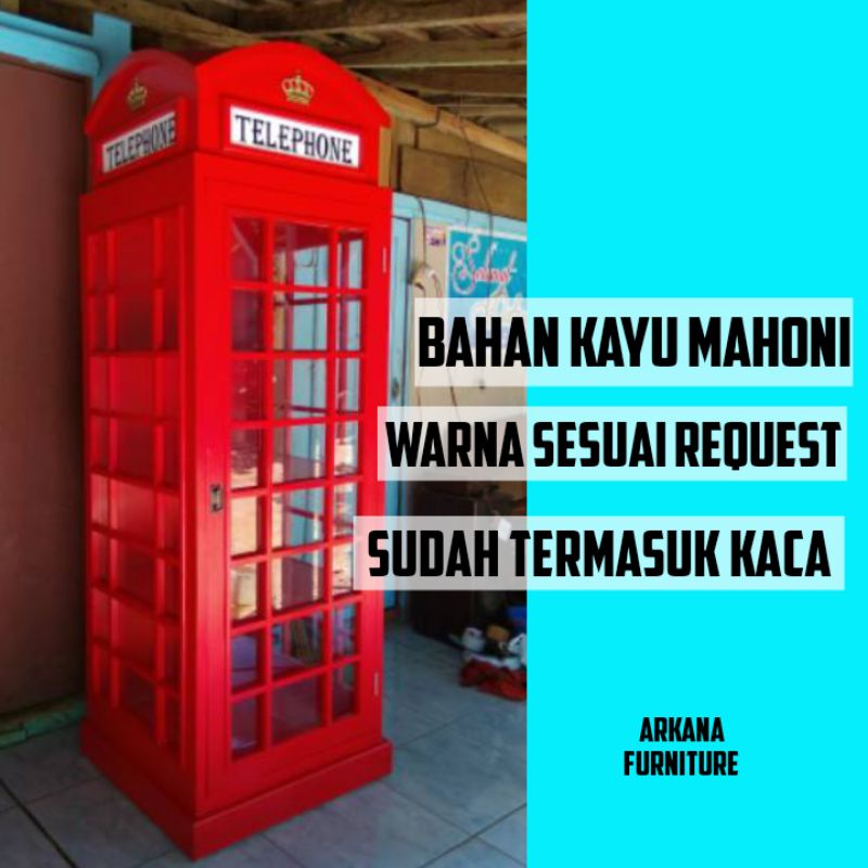Lemari Telephone London Almari pajangan hias serbaguna Lengkap Kaca kayu mahoni