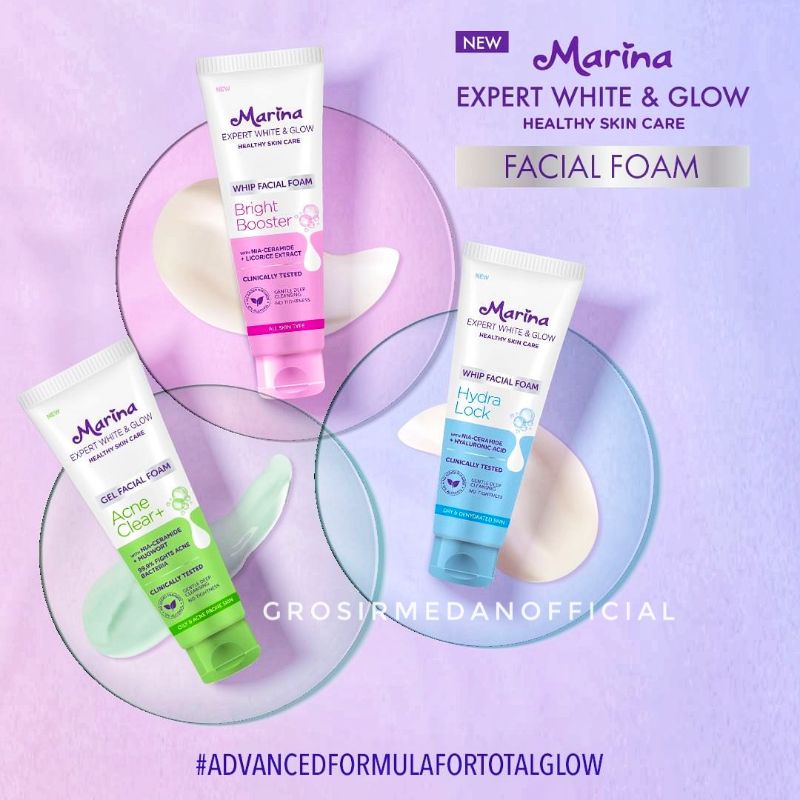 MARINA GEL FACIAL FOAM - EXPERT WHITE AND GLOW - SKIN CLEANSER - BRIGHT BOOSTER - HYDRA LOCK