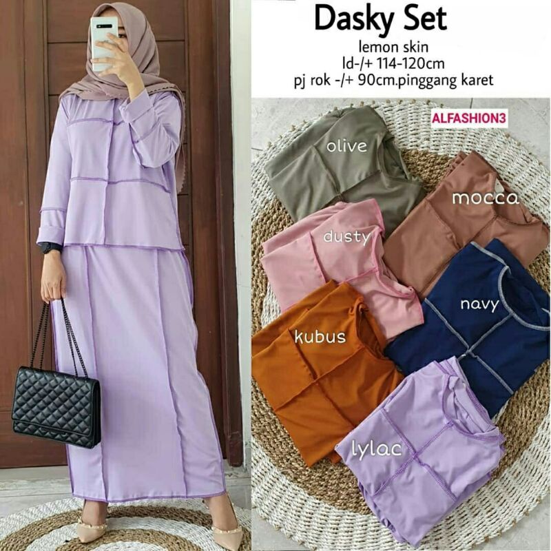 Dasky Set warna dusty pink ungu lilac setelan rok cewek muslim casual fashion style hijab muslimah m