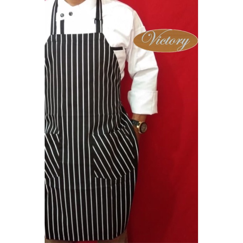 Celemek masak / Apron masak motif garis / Celemek kain motif garis