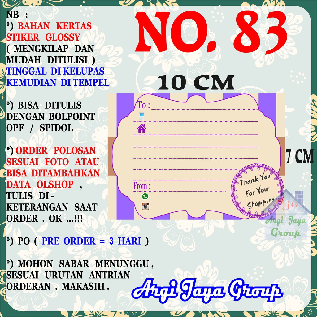 

Stiker Pengiriman - Sticker Alamat Olshop Murah Nomer 83 - 10x7 cm - Glossy