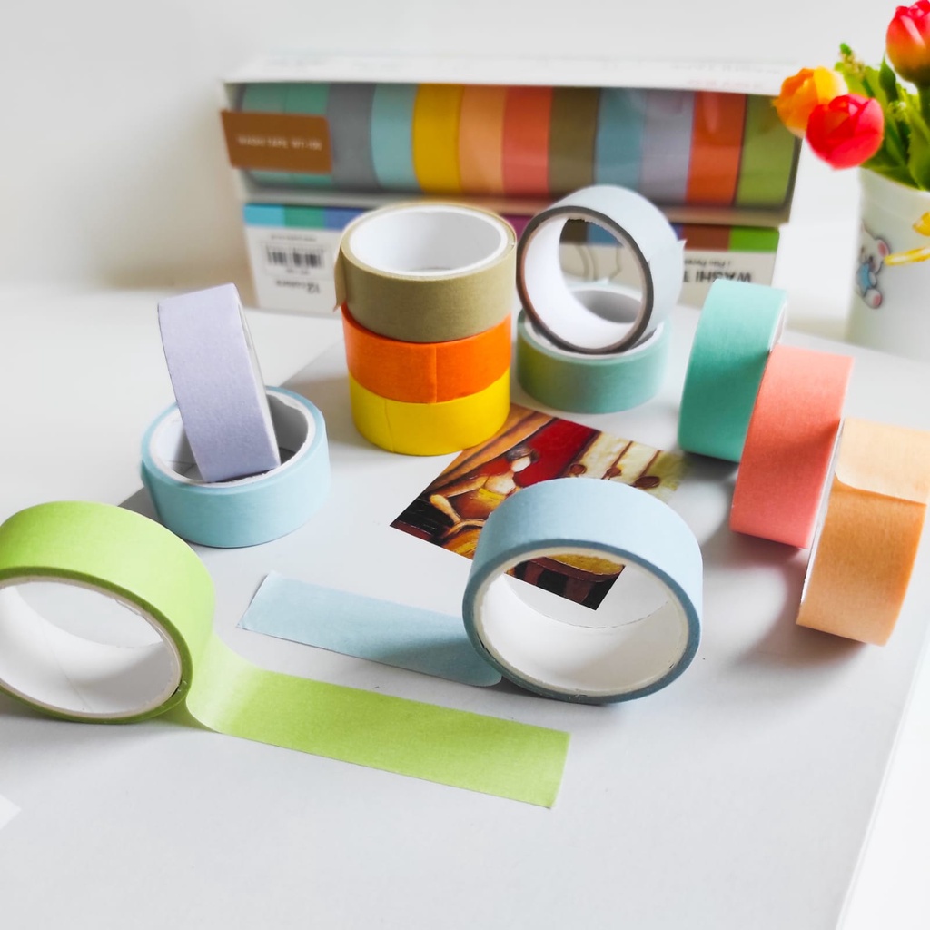 SELOTIP WASHI TAPE JOYKO KODE WT-100 SOLATIP WARNA WARNI JURNAL PEACH PASTEL 1 BOS ISI 12 WARNA MURAH