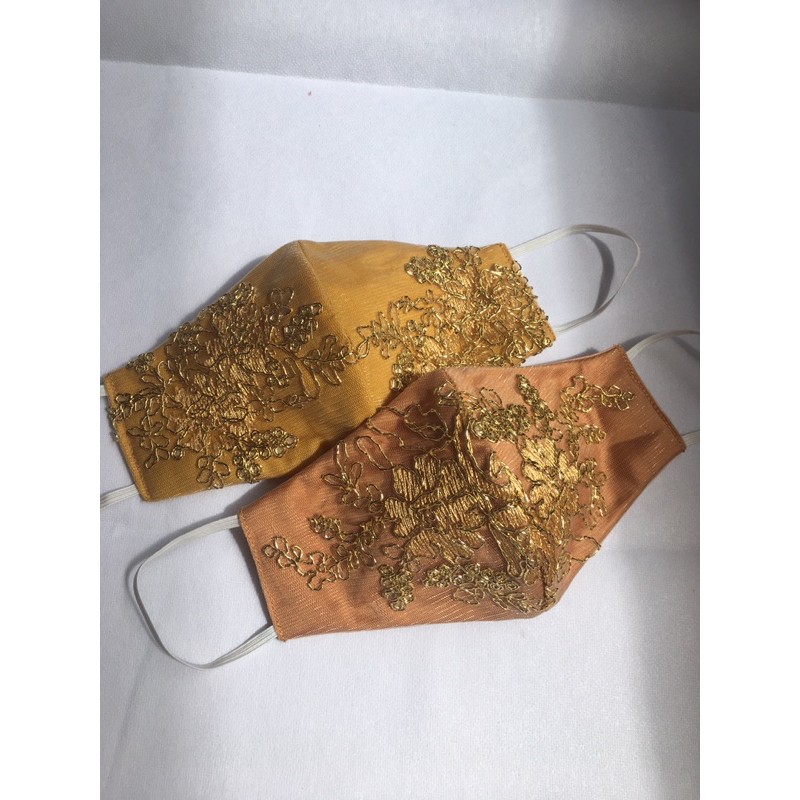 Masker brokat PREMIUM payet motif bunga warna cokelat muda dan kuning tua. masker pesta/acara
