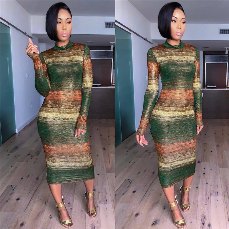 gradient color striped bodycon dress