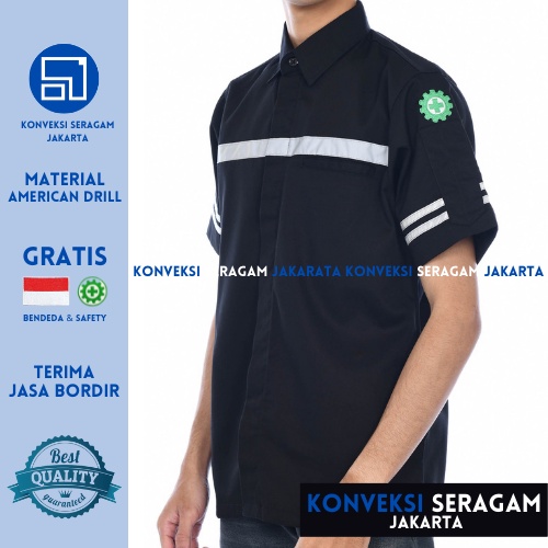 Baju Kemeja Safety K3 Lengan Pendek - Seragam Kerja Atasan Wearpack Werpack Werpak Proyek Tambang Warna Hitam Pria Wanita - Konveksi Seragam Jakarta