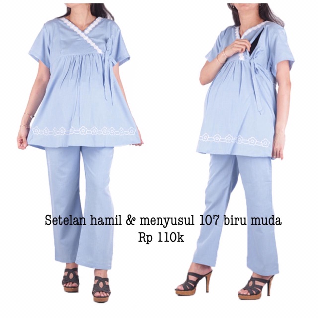 Baju hamil 107 biru muda Setelan hamil menyusui pendek