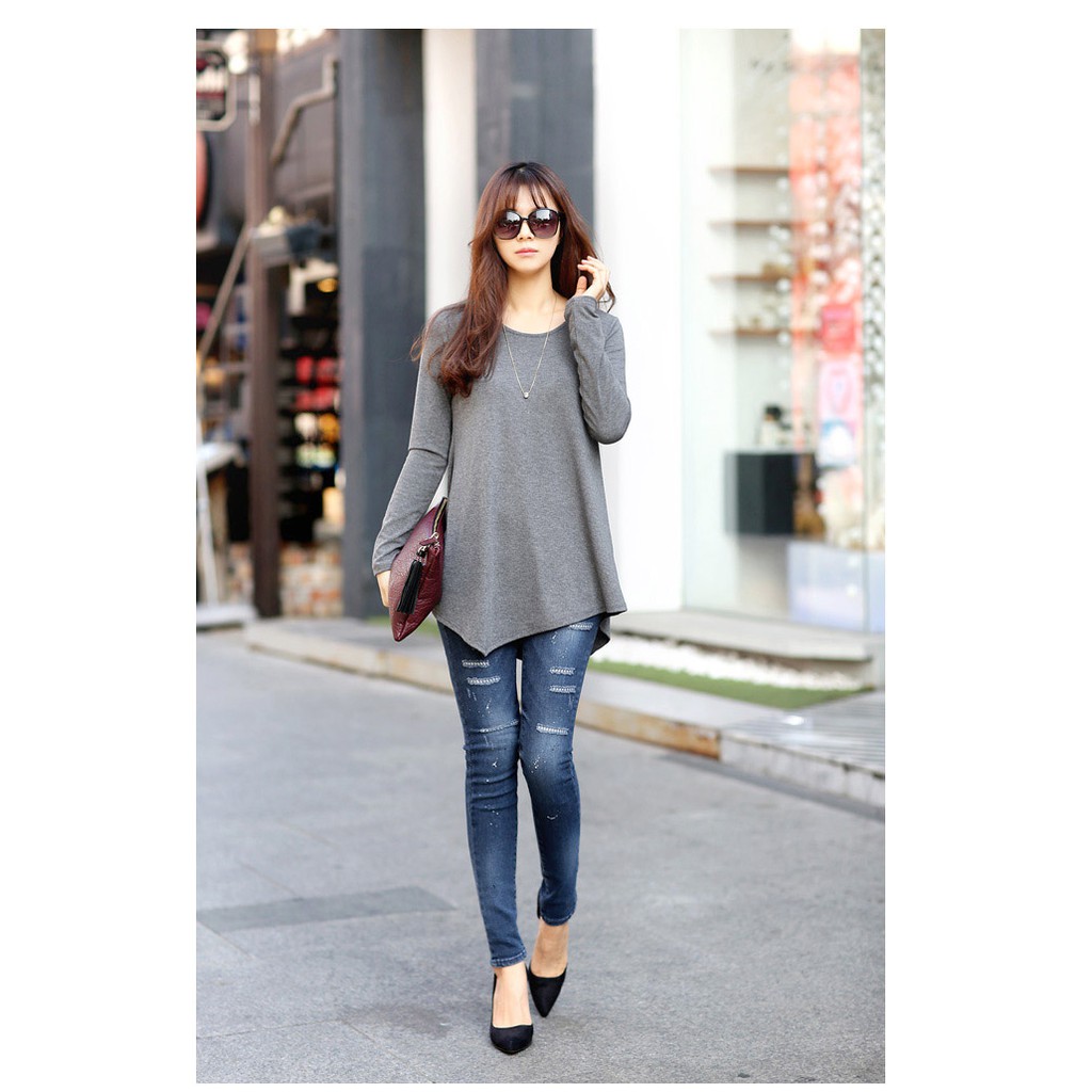 KARAKOREA PinUp Unbalanced Tee Baju Atasan Wanita Lengan panjang-PU BIG/Grey