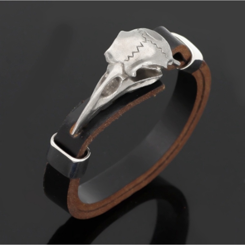Gelang Tangan Kulit Sapi Aksen Tengkorak+Mahkota Stainless Steel Ala Viking Untuk Pria