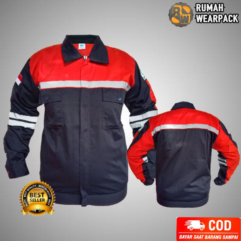 Wearpack Safety Kemeja Safety Baju Safety Lengan Panjang Warna Navy Kombinasi Oranye Doff