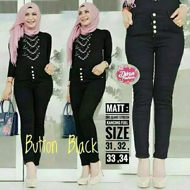 Celana jeans wanita hw jeans hitam highwaist kancing tengah k5 hitam