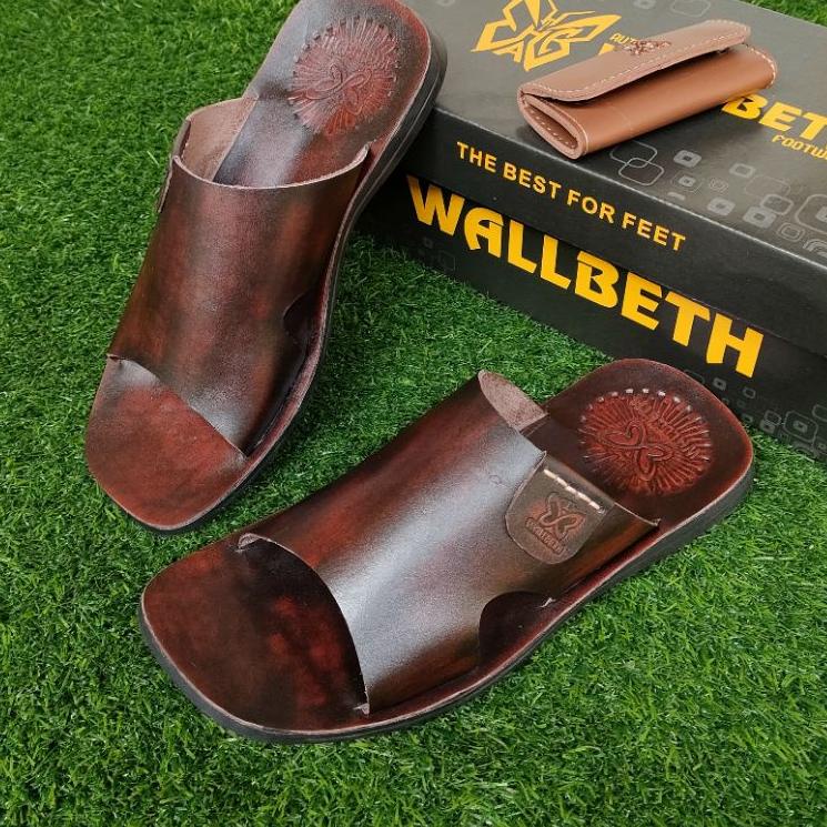 Kirim Sekarang Sandal Casual Pria kekinian / Sandal Slop WALLBETH 100% kulit asli premium grosir ece