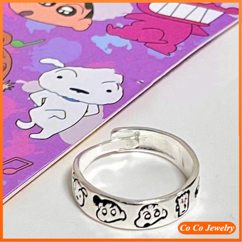 Fashion Simple Crayon Shinchan Karakter Kartun Pasangan Anime Pola Ekspresi Cincin Yang Dapat Disesuaikan COCOJEWELRY