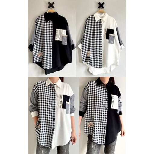 Atasan Kemeja Katun Linen Import 2 Warna Black & White LuBaNa#6519