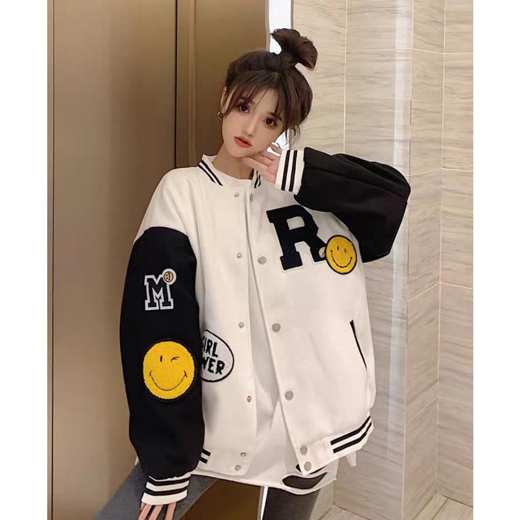 R SMILE VARSITY FULL BORDIR OVERSIZE BASEBALL JACKET | BISBOL JAKET GIRL POWER BORDIR Kekinian Terbaru Viral