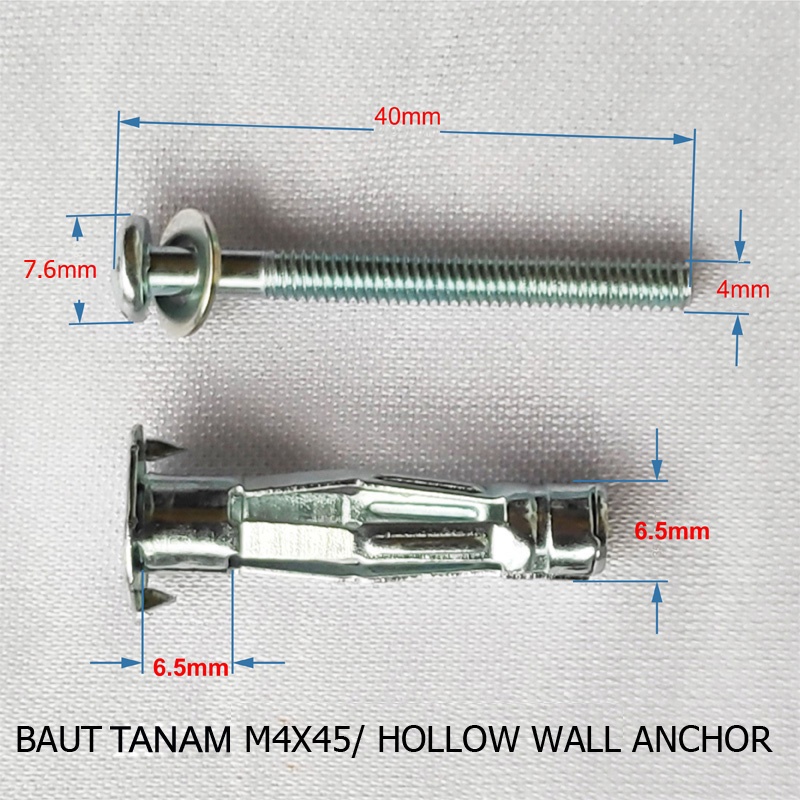 10SET BAUT TANAM GYPSUM BESI 4X45 HOLLOW WALL ANCHOR M4X45 BAUT MUR TANAM