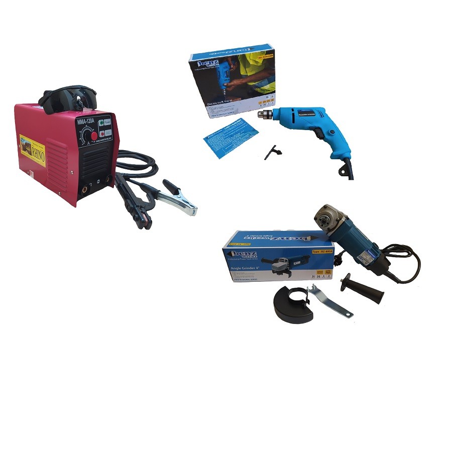 PAKET Las Rhino 120A 900 Watt Trafo Las Plus Gerinda Benz 4 inch Plus Mesin Bor 10 mm Benz