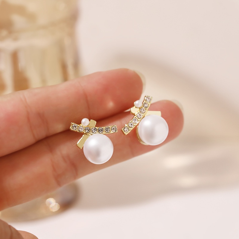 Korea Dongdaemun cross Pearl 925 perak stud anting-anting retro desain elegan bermutu tinggi anting-