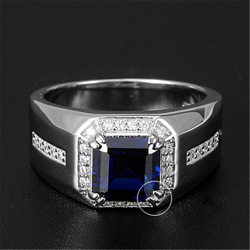 Cincin Emas Putih Fashion Pria Cincin Tunangan Batu Permata Biru Putih