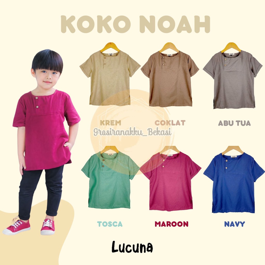 Koko Anak Noah Lucuna Linen Mix Motif Size 1-5 thn