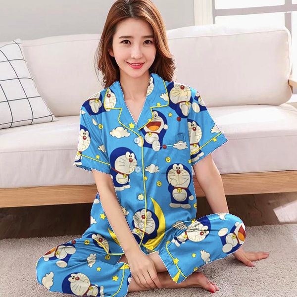 Hokystore99 - Piyama Wanita Dewasa Lengan Pendek Celana Panjang / Baju Tidur Wanita Dewasa (Part.1)-Dora Star Biru