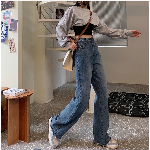 korean style kekinian vintage longgar celana jeans panjang wanita