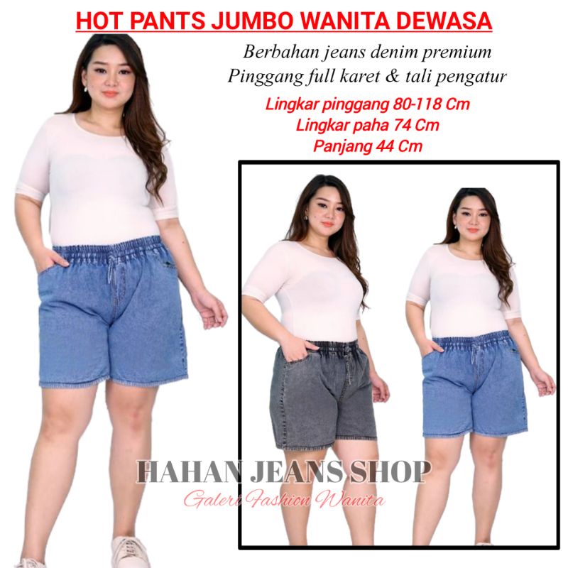 Celana Wanita Pendek 3/4 Jumbo HotPants Jeans Denim Snow Cewek Remaja Pinggang Kolor Karet Kekinian 