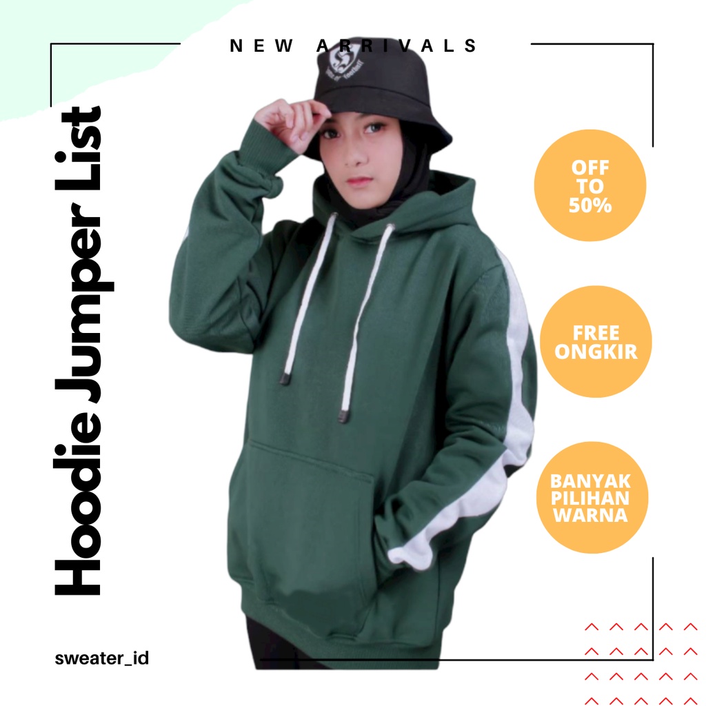 SWEATER_ID Hoodie Jumper Hijau Botol Kombinasi List Putih Oversize Unisex