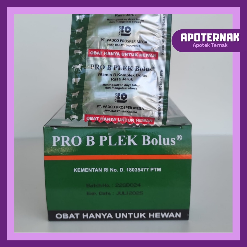 PRO B PLEK 1 Bolus | Vitamin B komplek Untuk Meningkatkan Daya Tahan dan Mengatasi Stres Pada Hewan Sapi Kambing Domba Kuda | VADCO | Apoternak