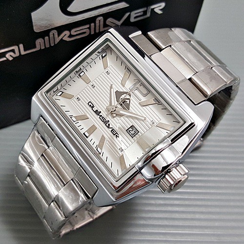 Jam Tangan Pria Cowok Quiksilver Segi Date Rantai Silver Putih