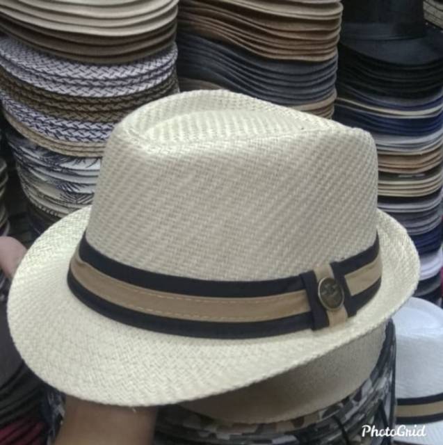 Topi fedora jerami pria dan wanita straw hat import logo