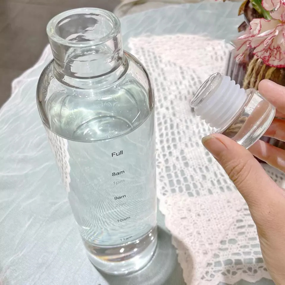 Botol Minum Kaca Bening Aesthetic 500 ml Dengan Penanda Waktu