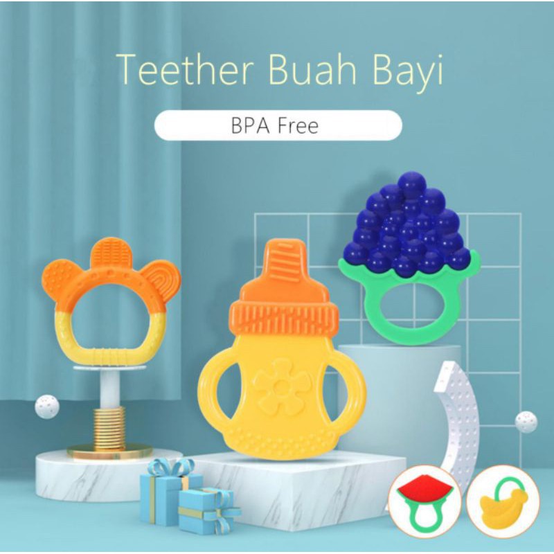 Baby Fruit Teether Pegang | Gigitan Bayi Bentuk Buah Bahan Silikon | Pegangan Bulat Bentuk Buah BPA FREE