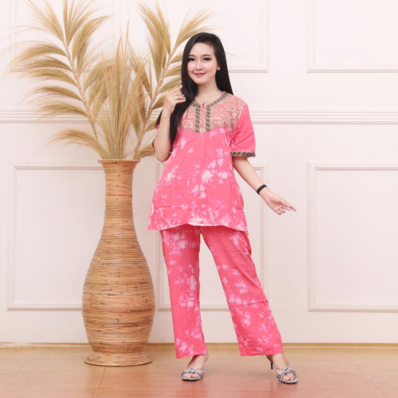 New piyama arab setelan lulu by dlusia / GROSIR SETELAN CP ARAB RENDA LULU BUSUI / DASTER ARAB-Pink
