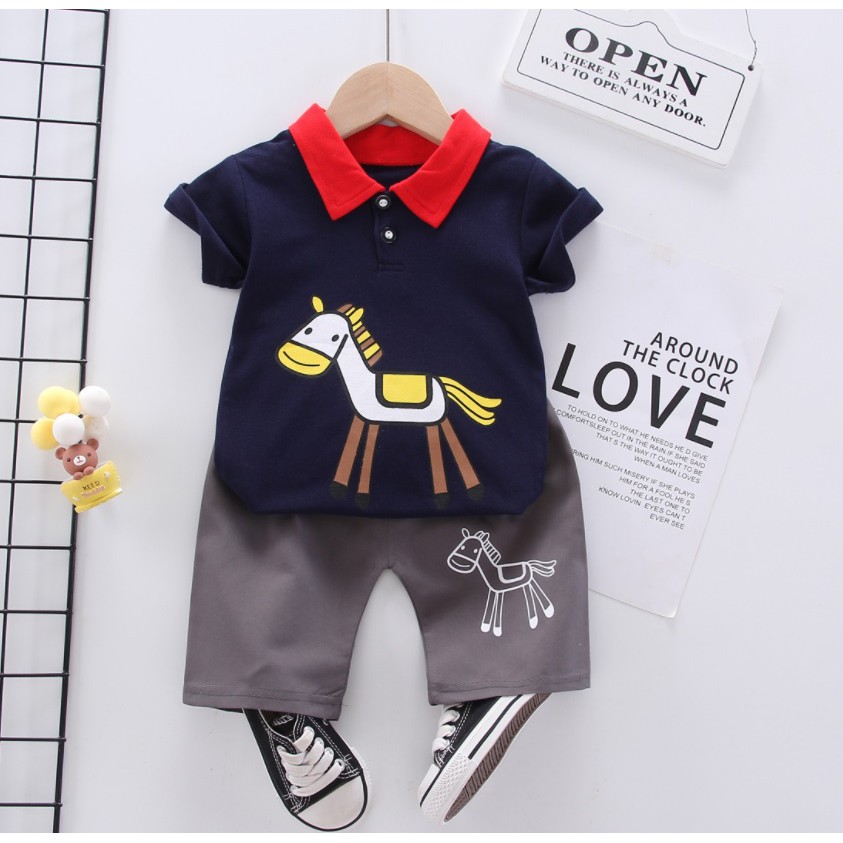 Setelan kaos polo shirt dan celana pendek/baju setelan bayi anak /pakaian anak laki laki  motif kuda