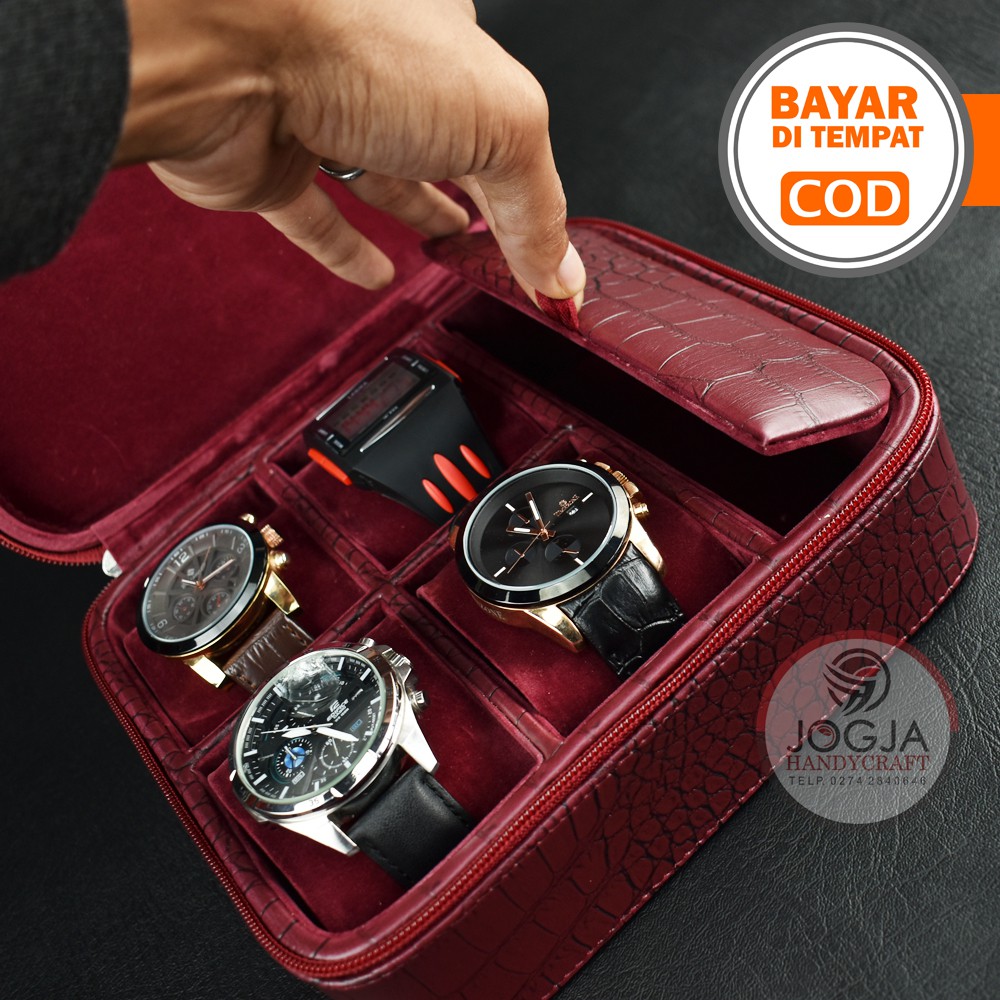 PREMIUM Travel Watch Box / Tempat Jam tangan travel / Kotak Jam Tangan Maroon Croco