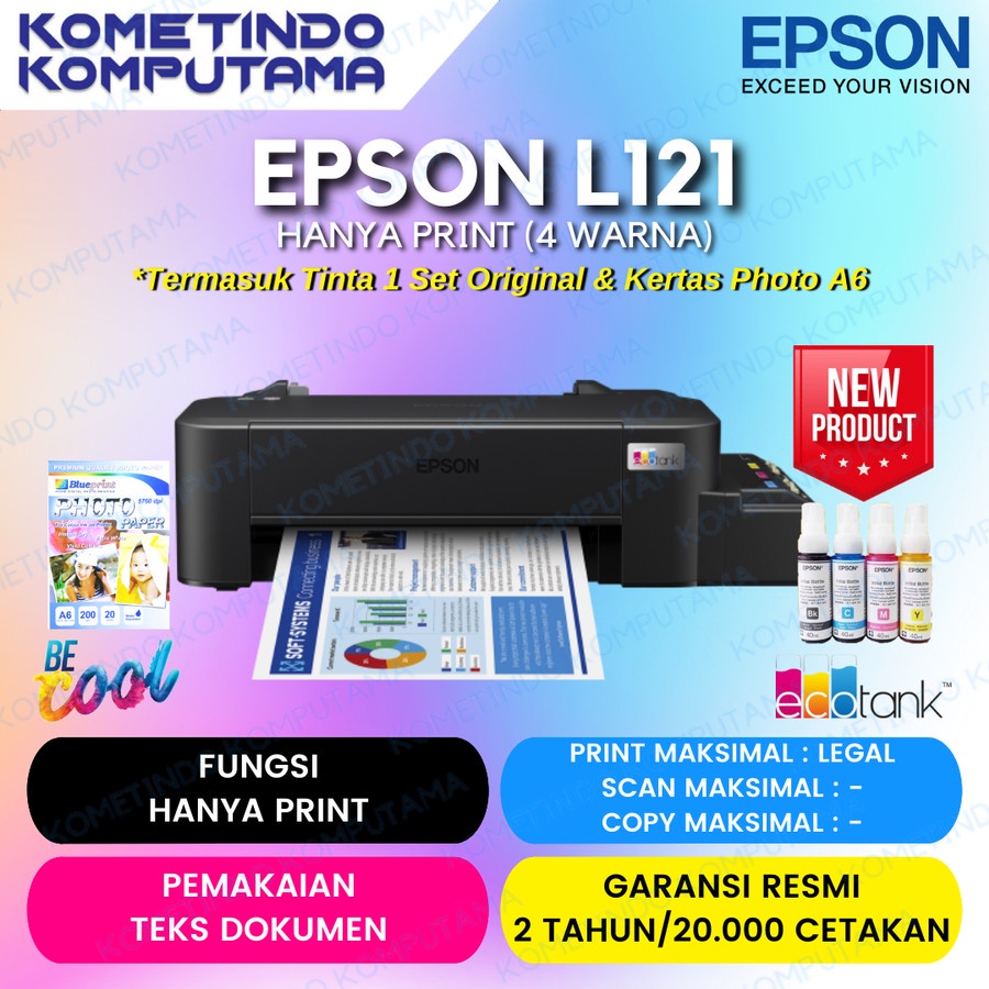 L121 Epson EcoTank A4 Ink Tank Printer / Print Only / Garansi Resmi / TINTA JAMIN ORIGINAL / GANTI L120