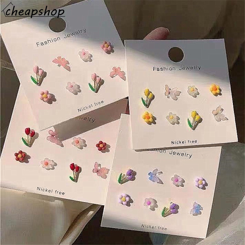 IFYOU Set Anting Stud Desain Bunga Kupu-Kupu Hati Aksen Mutiara Untuk Wanita