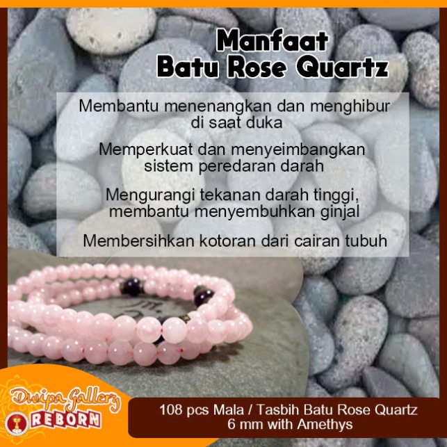 Tasbih / Mala Buddha 108 Batu Rose Quartz 6 mm with Amethys