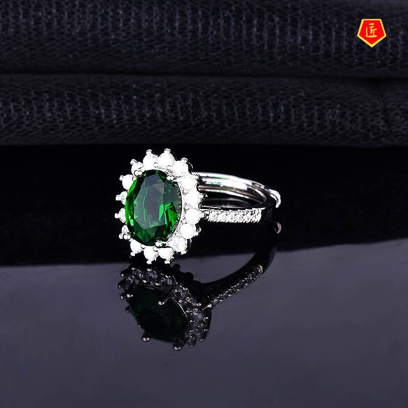 [Ready Stock]Elegant Inlaid Oval Natural Emerald Ring