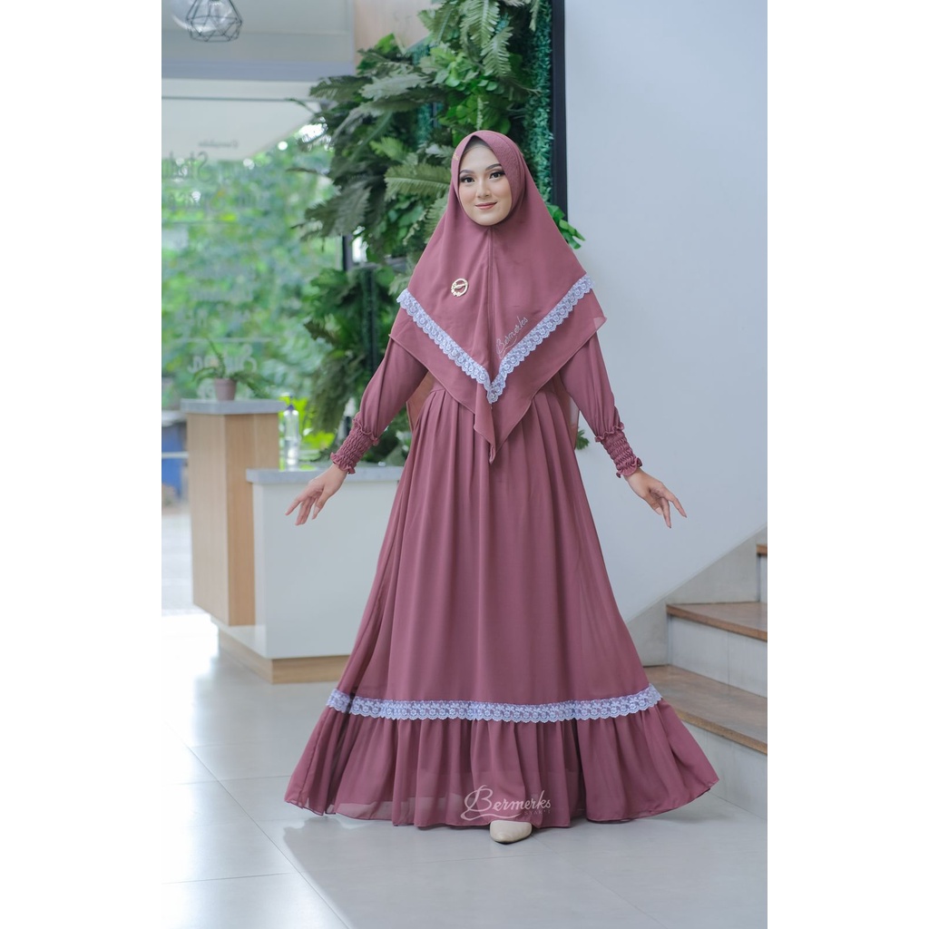 Gamis CERUTY renda putih SET KHIMAR LAYKA ori bermerks syari haji umroh branded modis modern