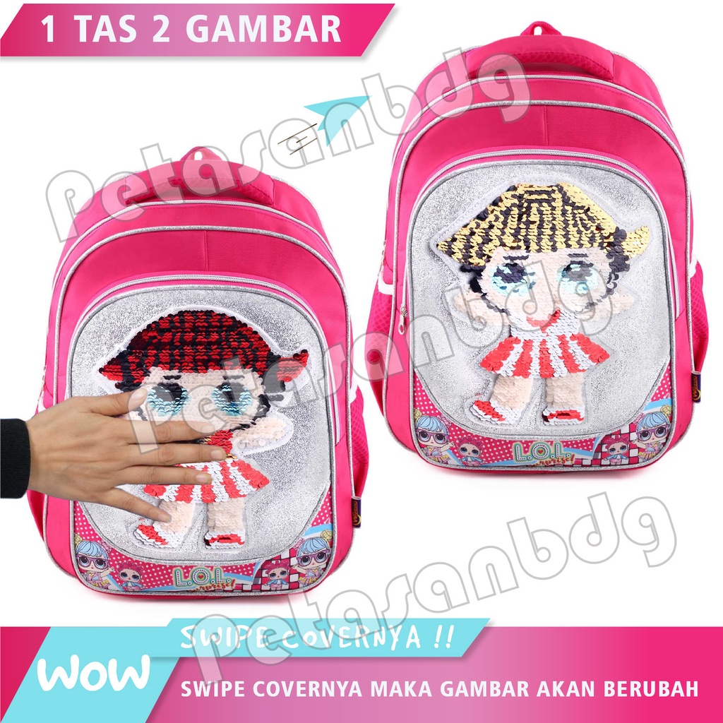 PTS - Tas Usap Ransel Sekolah Anak Perempuan Karakter Lol Surprise GLITTER - Ransel Model Usap / Swipe Glitter + FREE LUNCHBOX UKURAN SD - Ransel Model Usap 15 inch / Tas Usap Ransel Sekolah Anak Sd Sequin / Ransel Punggung Tas Berubah Warna / Gambar