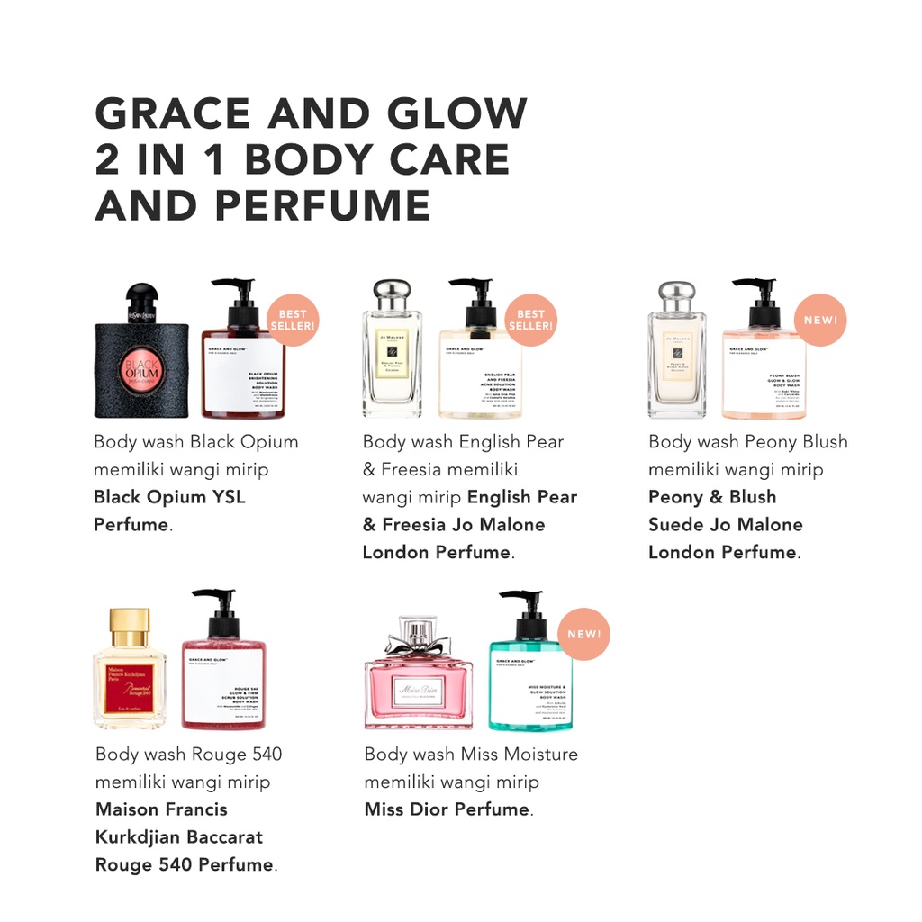 BPOM Grace and Glow Black Opium Brightening - English Pear &amp; Freesia Anti Acne Body Wash - Body Scrub - Miss Moisture - Peony Blush Soft &amp; Glow solution Body Wash