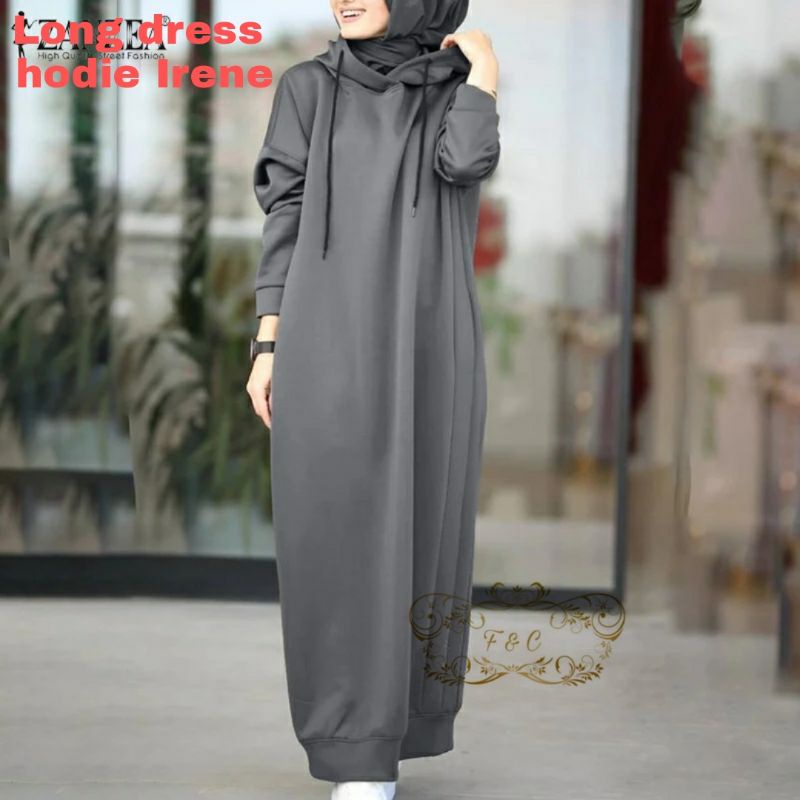 LONG DRESS IRENE HODIE, BABYTERRY, GAMIS HIJAB MUSLIM, DRESS MAXY, TUNIK, 3 UKURAN