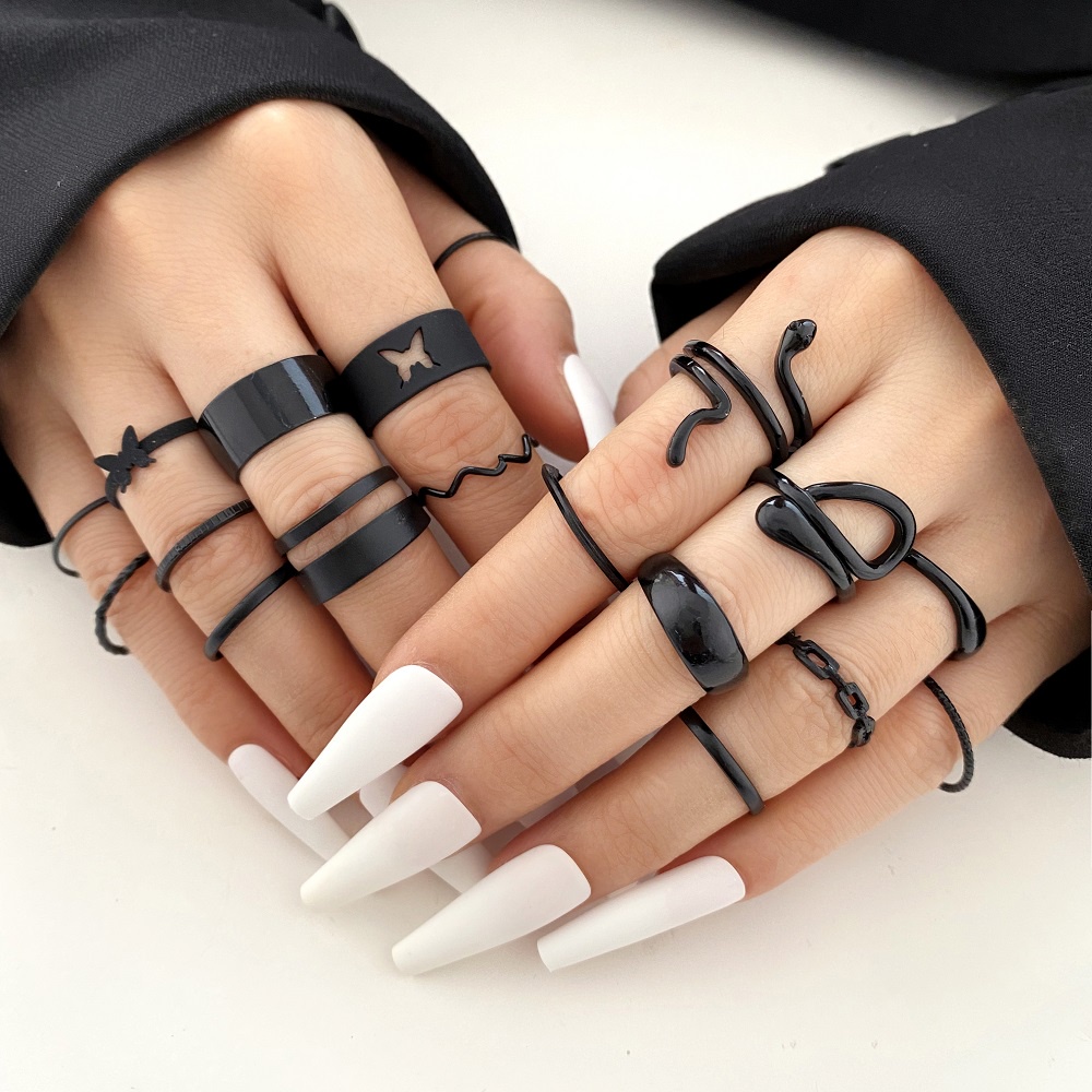 AY(CN) Set Cincin Desain Kupu-Kupu Hati Kristal Mutiara Warna Hitam Gaya Retro Untuk Aksesoris Perhiasan